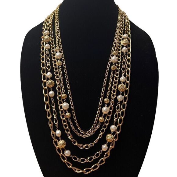 Gold-Tone Faux Pearl Bead Multi Chain Statement Necklace 34.5 in 5‎ Strand - Picture 5 of 16